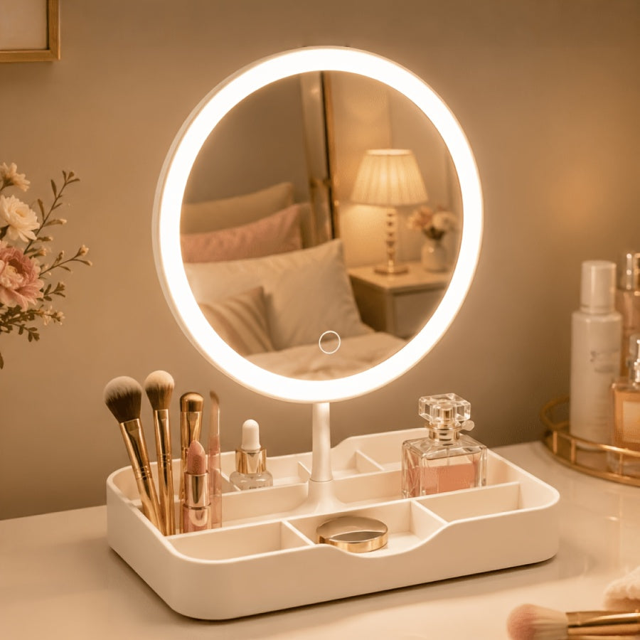White vanity makeup mirror with LED light and organizer base