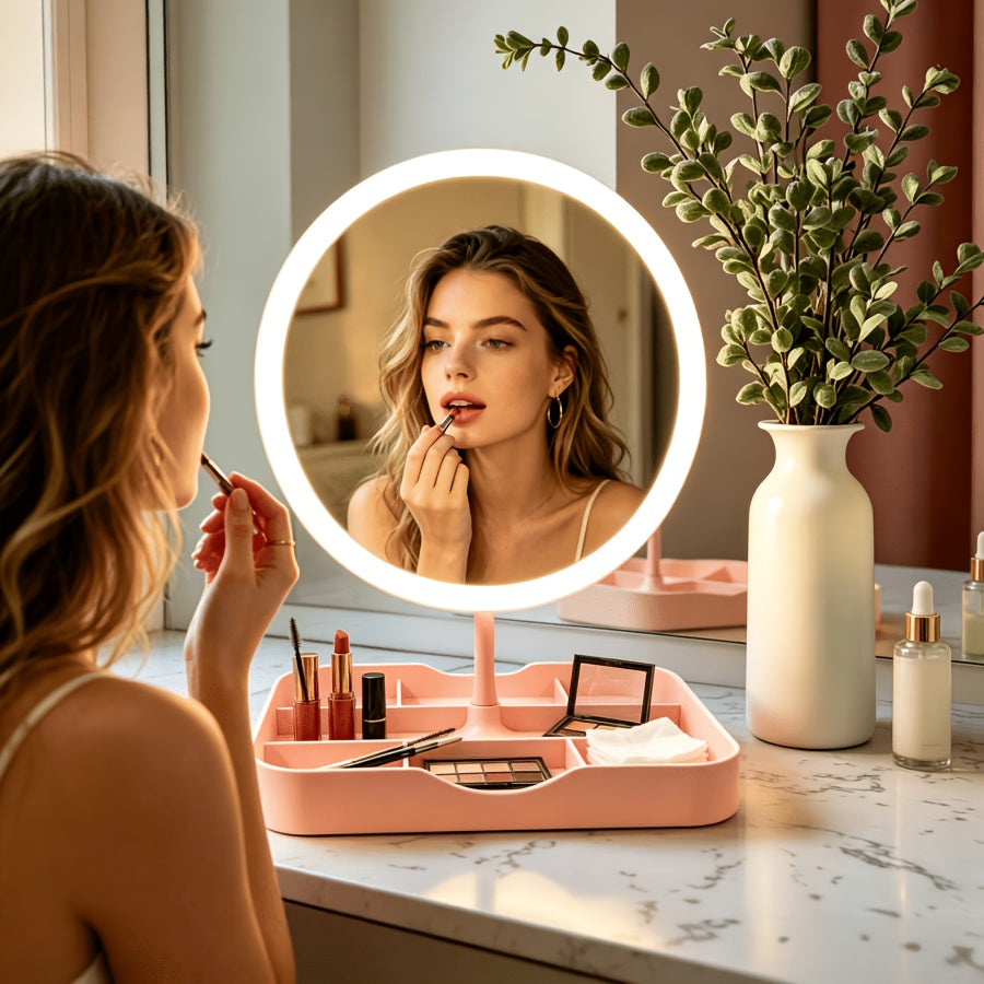 White rechargeable vanity makeup mirror on a tabletop