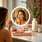 White rechargeable vanity makeup mirror on a tabletop