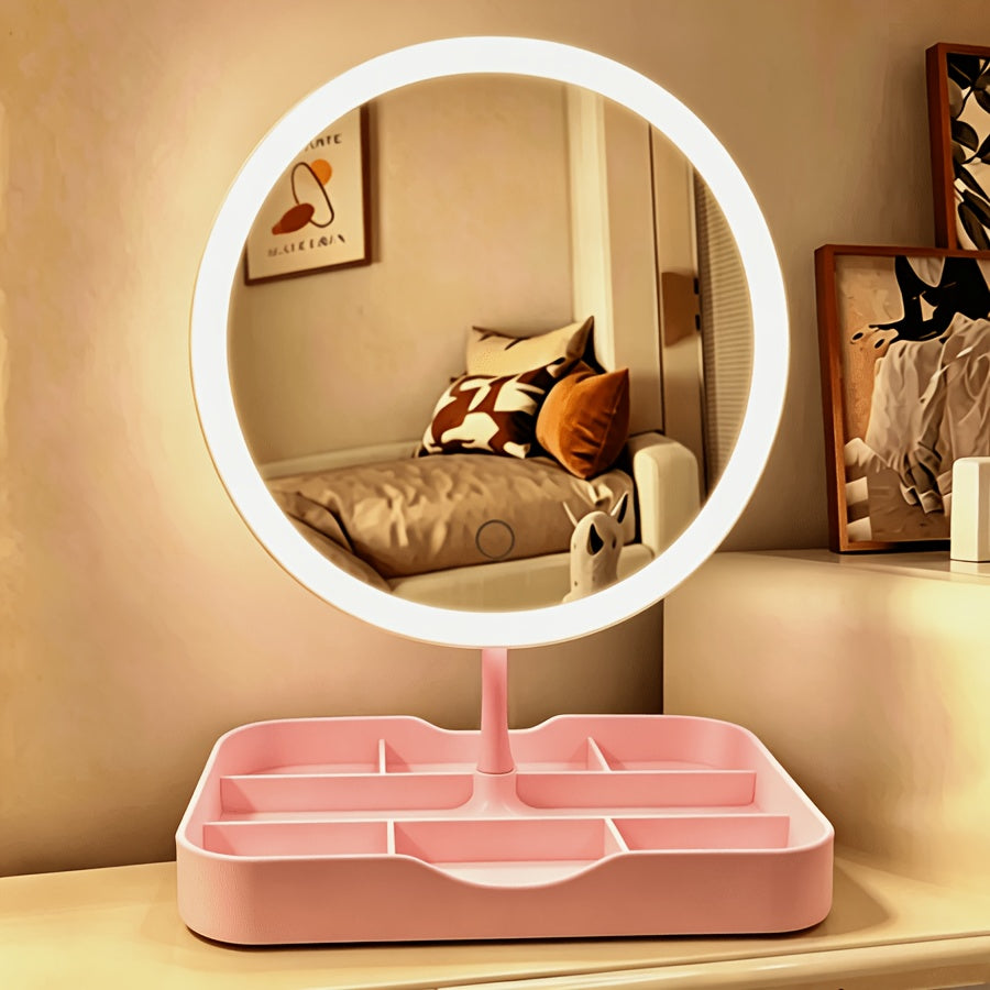 Pink LED vanity makeup mirror with round rotating frame