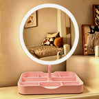 Pink LED vanity makeup mirror with round rotating frame