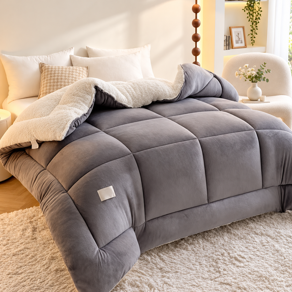 Refreshed light gray velvet comforter bedroom photograph
