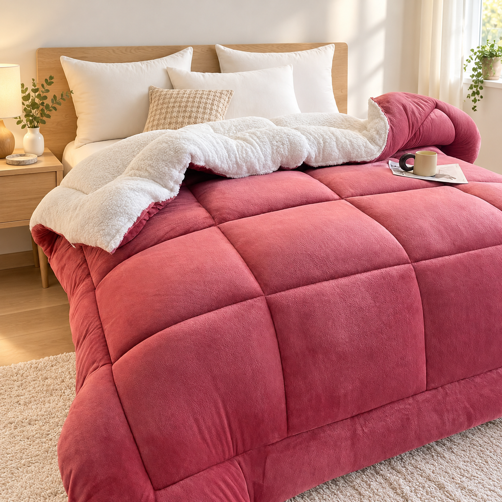 Refreshed dusty pink velvet comforter bedroom photograph
