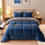 Refreshed navy blue velvet comforter bedroom photograph