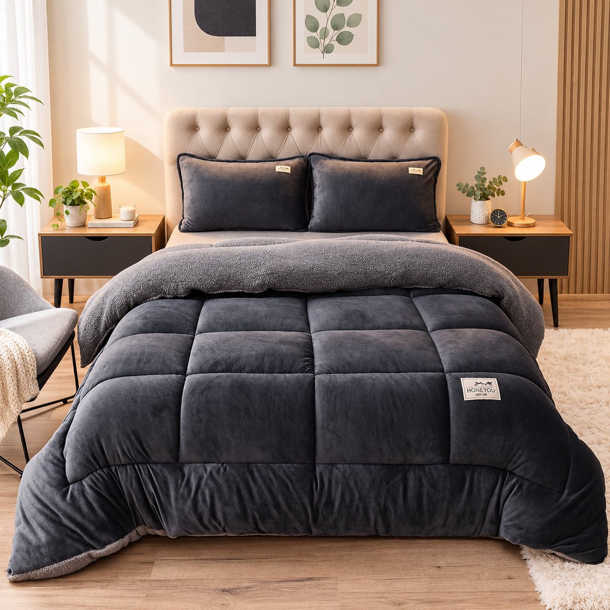 Refreshed dark gray velvet comforter bedroom photograph
