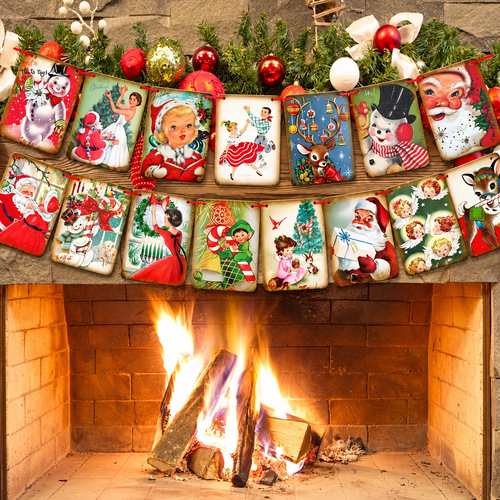 Vintage Christmas Paper Garland | Colorful Santa And Holiday Prints On Hanging Flags
