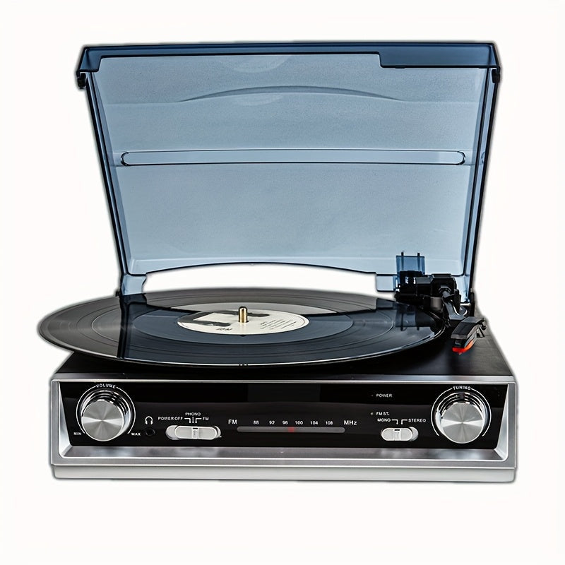 Black and silver record player with open transparent dust cover