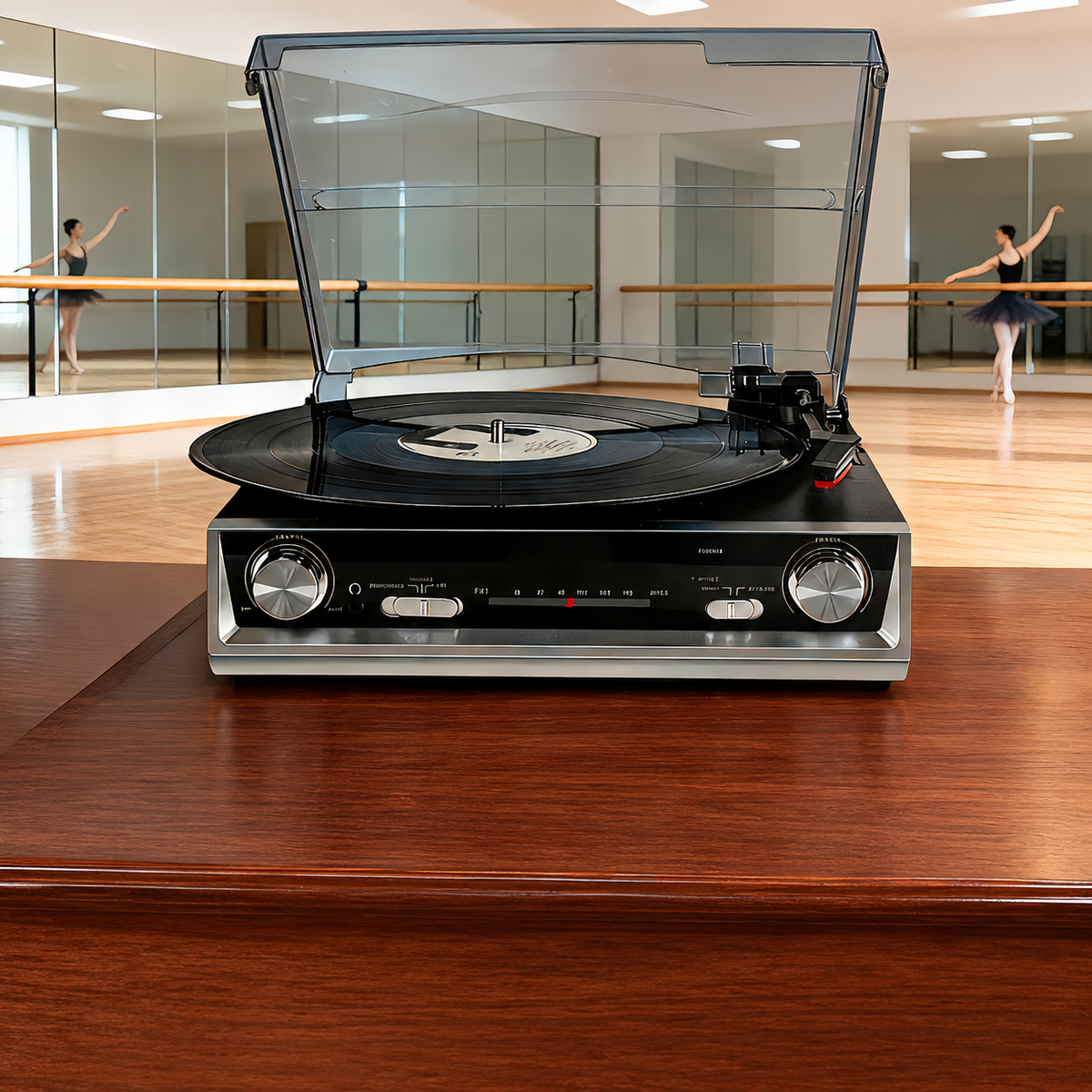 Three speed record player on a wooden table