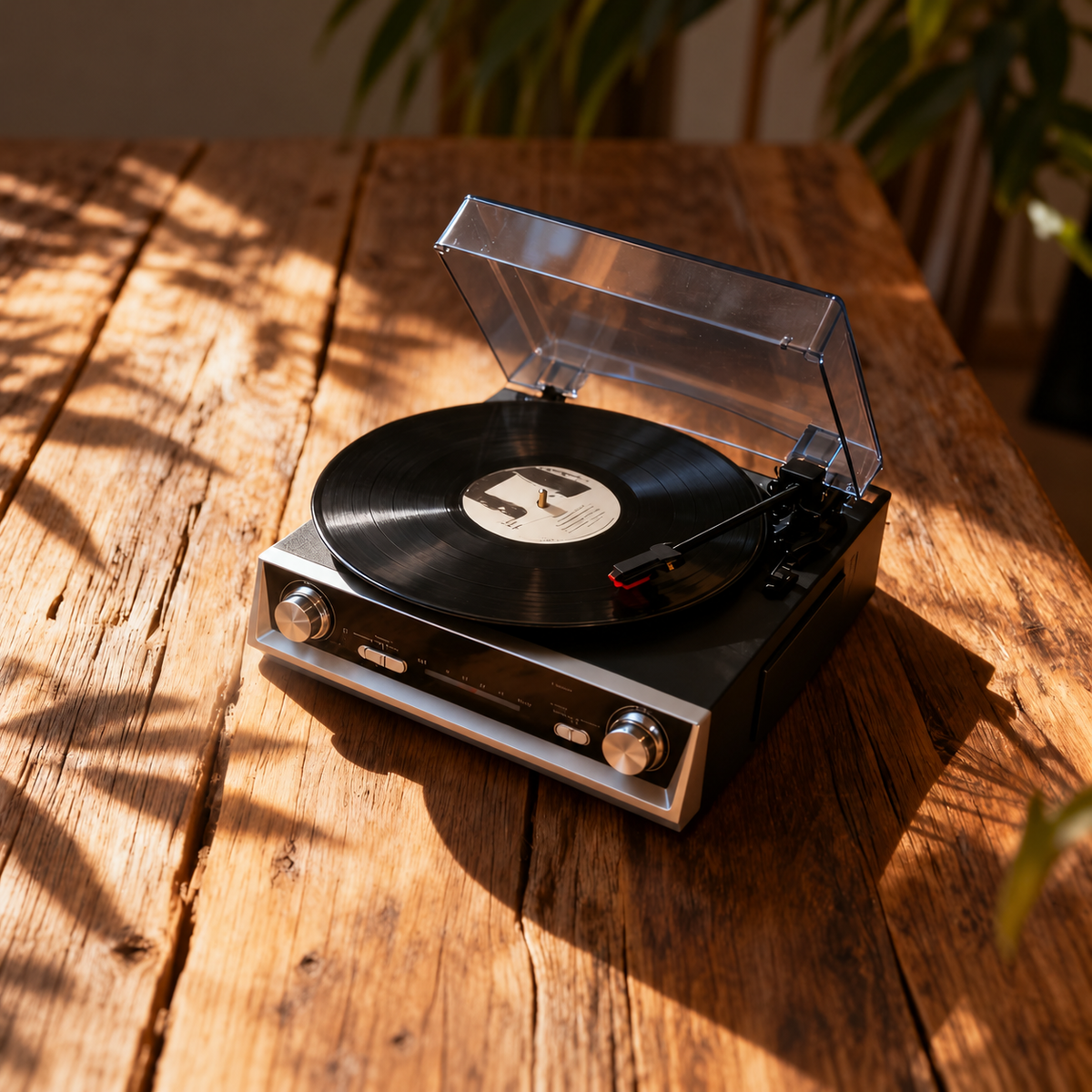 Angled view of the record player and its tonearm on wood