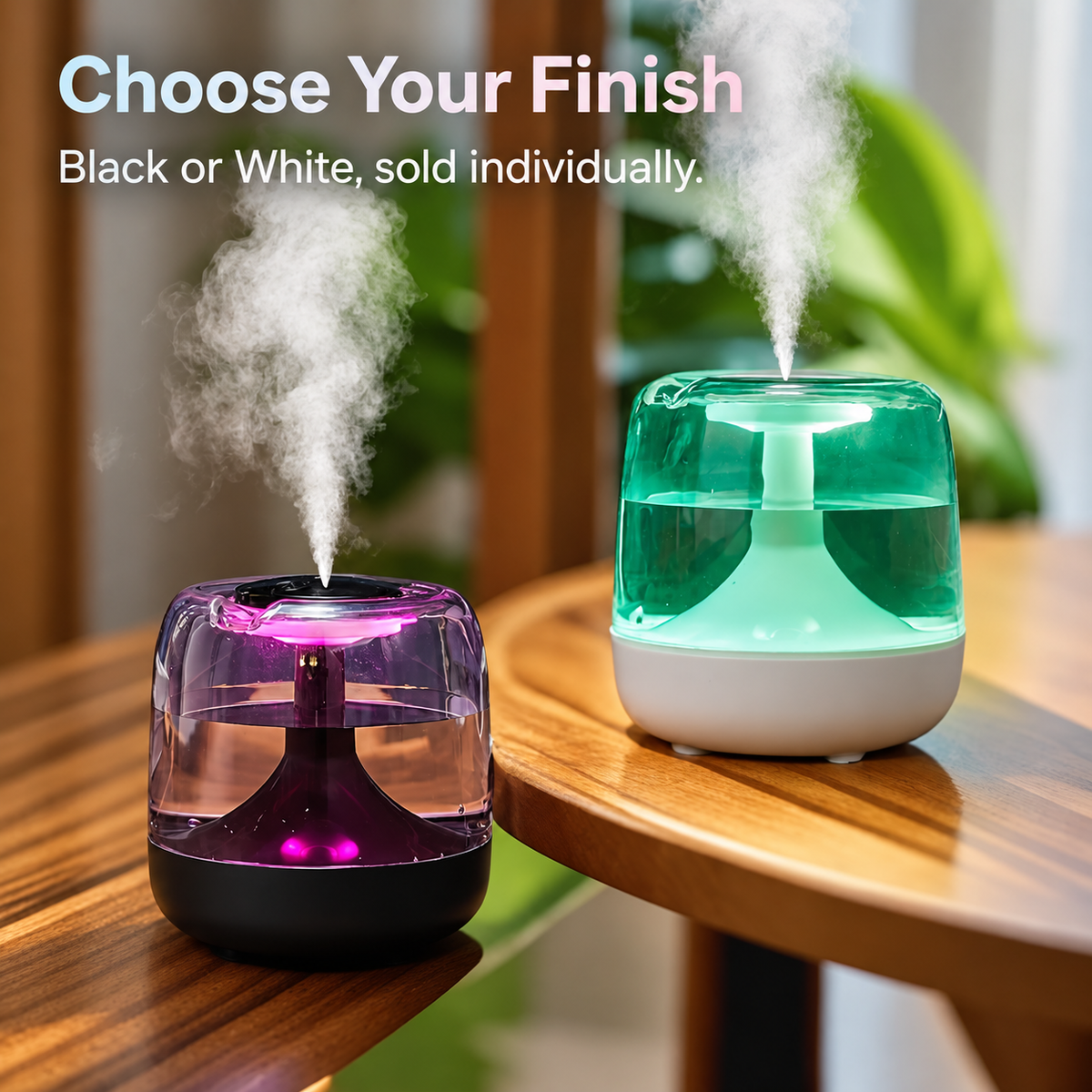 Black and white humidifier finishes shown individually on side tables