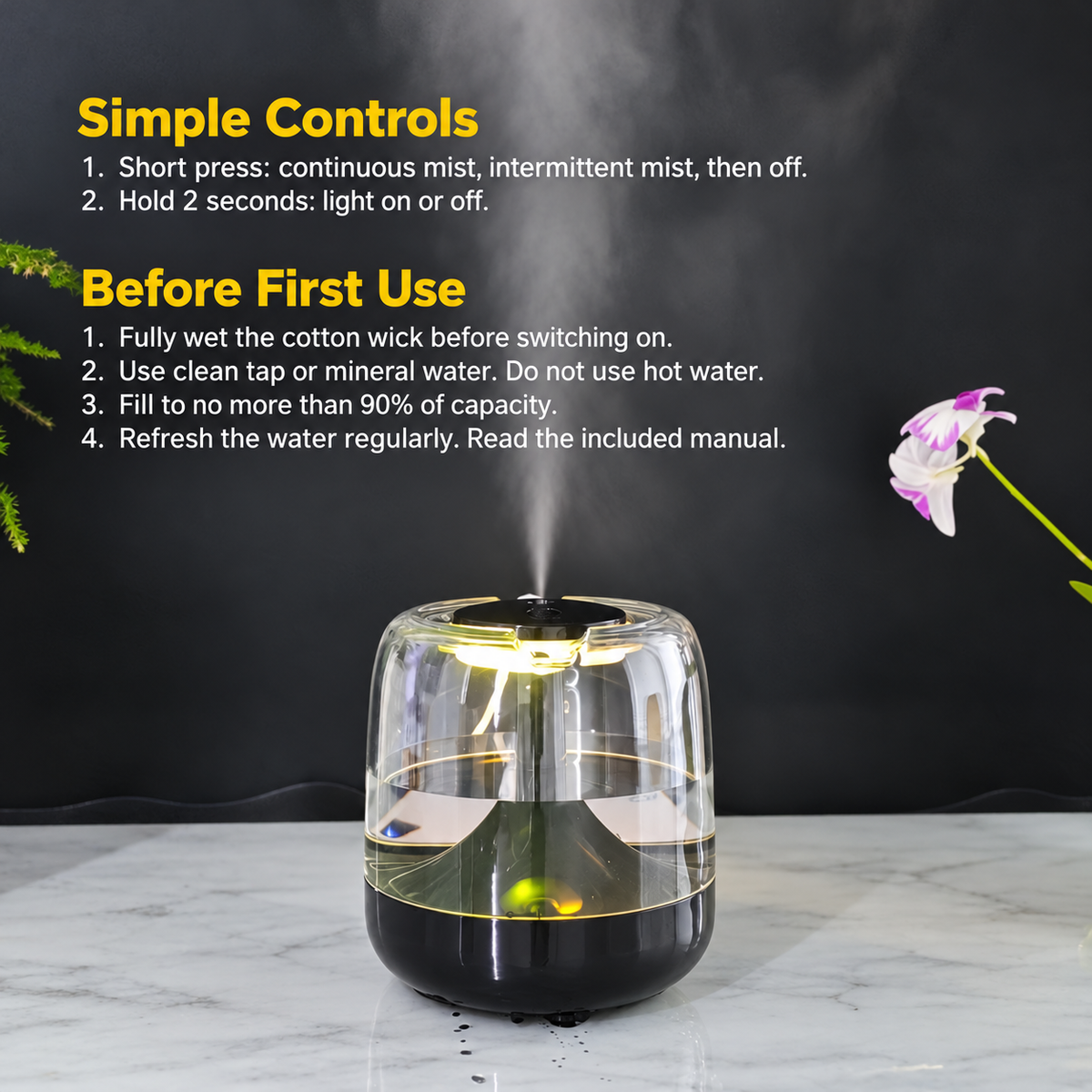 Humidifier with cotton wick preparation and mist and light control instructions
