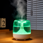 White humidifier with green lighting and a visible water tank on a wooden desk