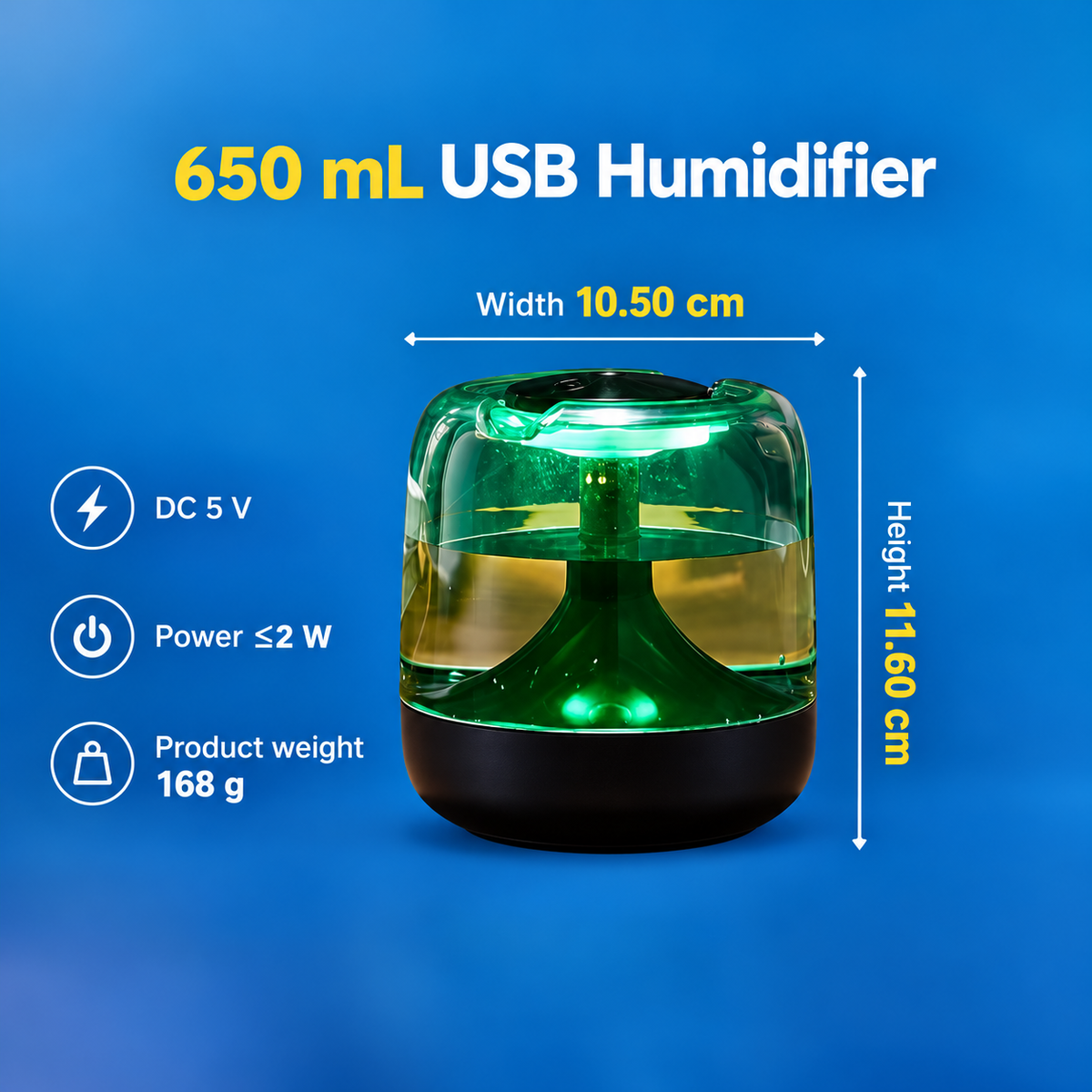 Humidifier dimensions showing a 650 mL tank, 5 V USB power and 168 g product weight