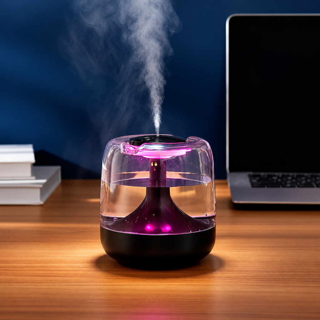 Black humidifier with pink lighting beside a laptop and books