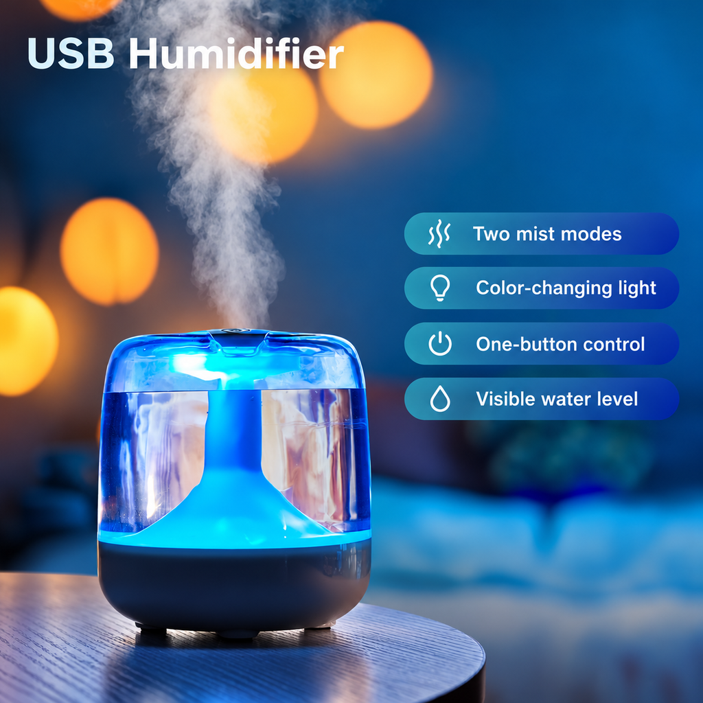 Humidifier with blue lighting and labels for mist modes, light and one button control
