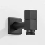 Wall-mounted faucet in a square matte black style isolated on a pale background.