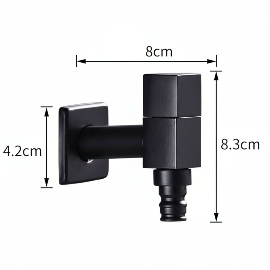 Wall-mounted faucet in a square matte black style shown with dimensions.