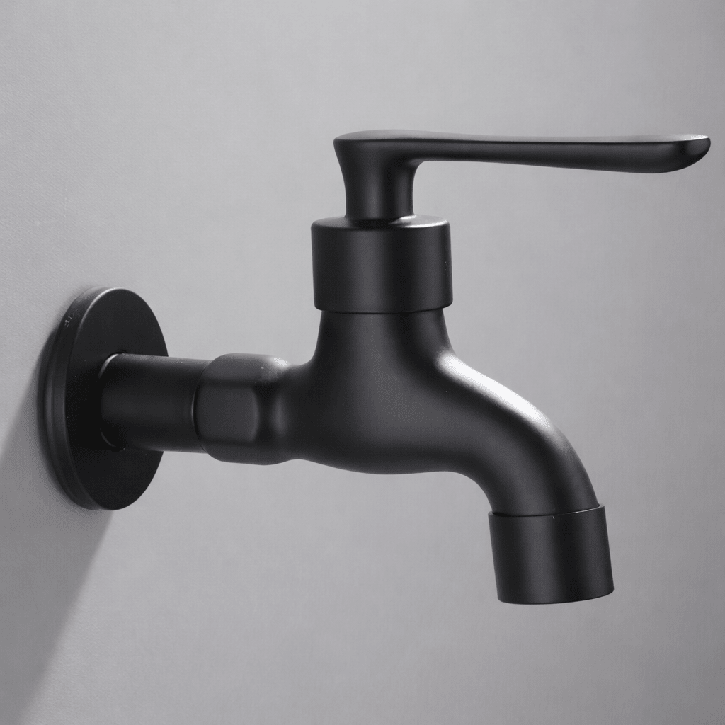Wall-mounted faucet in a rounded matte black style mounted on a gray wall.