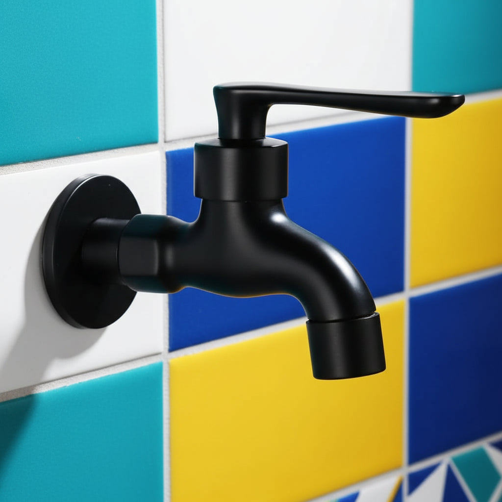 Wall-mounted faucet in matte black with a curved spout mounted on colorful tile.