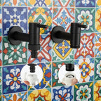 Wall-mounted faucet shown as round and square matte black styles on patterned tile.