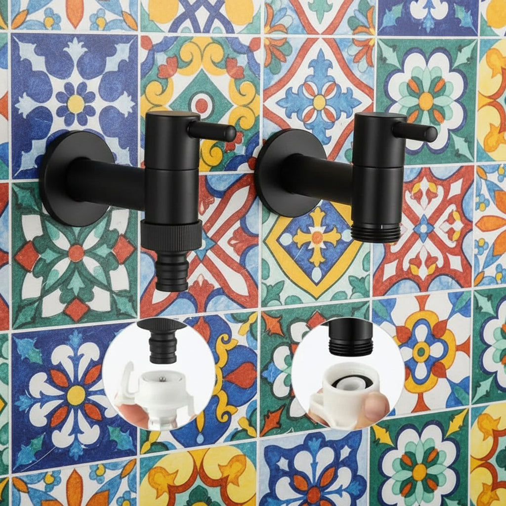 Wall-mounted faucet shown as round and square matte black styles on patterned tile.