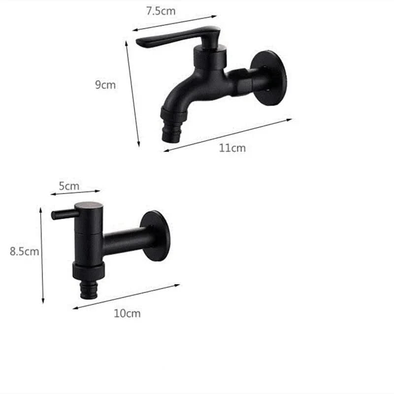 Wall-mounted faucet shown in a dimension chart for two matte black styles.