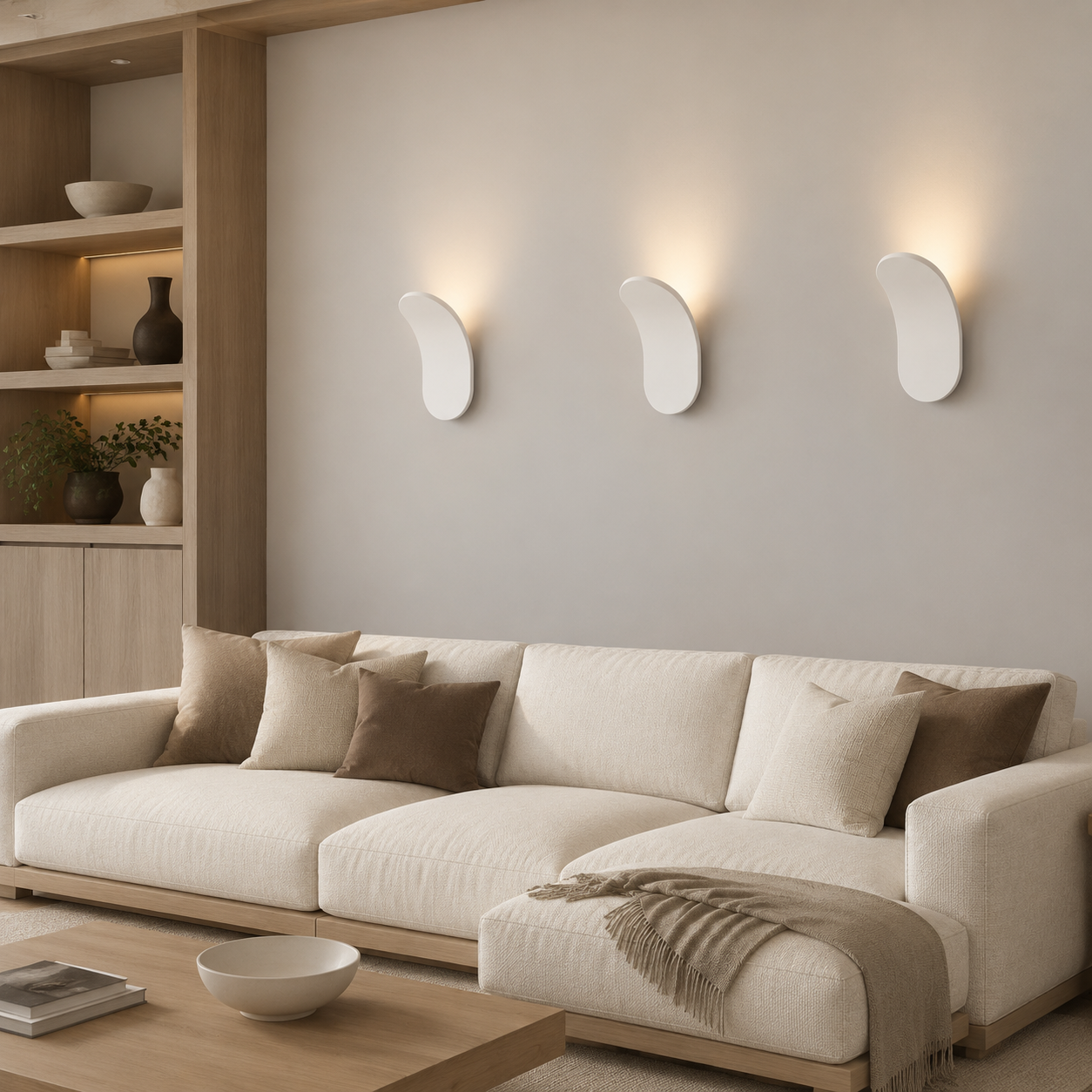 Four white curved wall sconces lighting a neutral living room wall.
