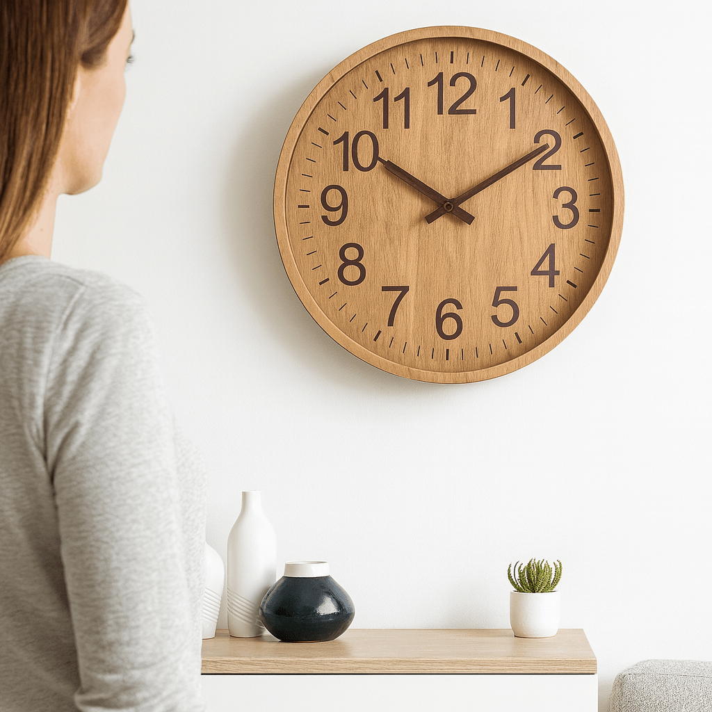 Wall clock with a natural wood face viewed by a woman in a living room.