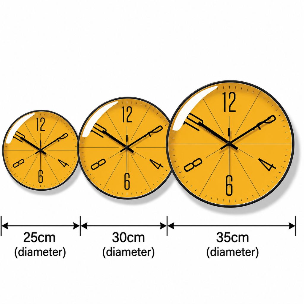 Modern wall clock specifications and size details.