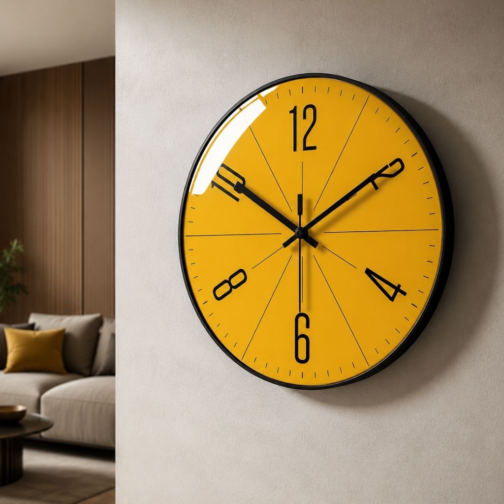 Modern Nordic wall clock with orange abstract face.