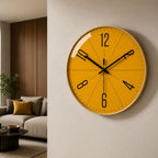 Abstract wall clock shown above contemporary furniture.