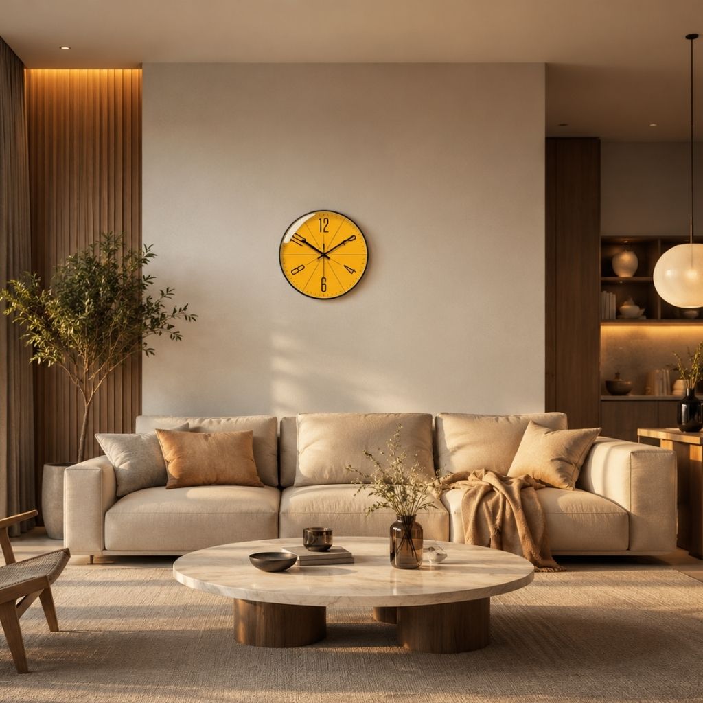 Modern wall clock styled on a neutral wall.