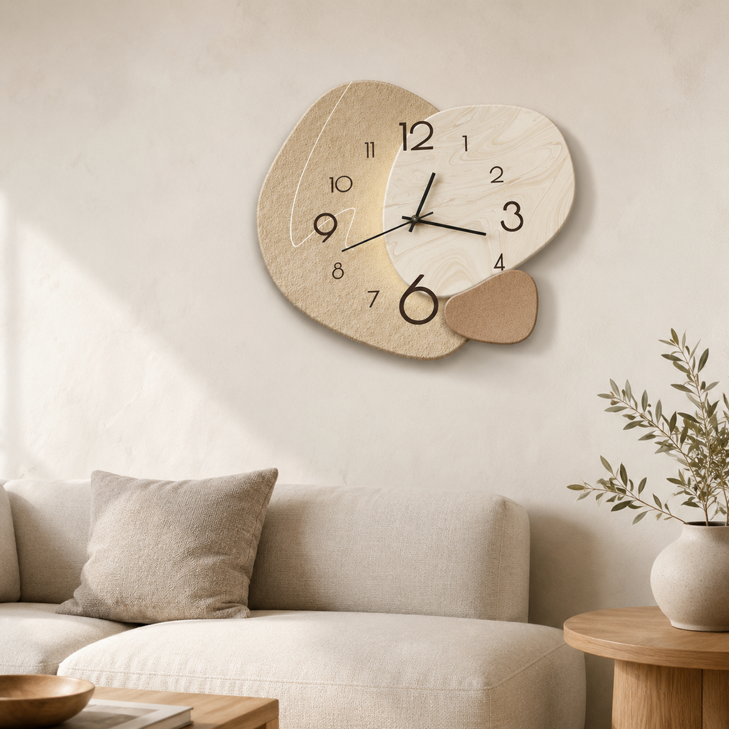 Beige wall clock with an abstract rounded face hangs above a softly styled living room sofa.