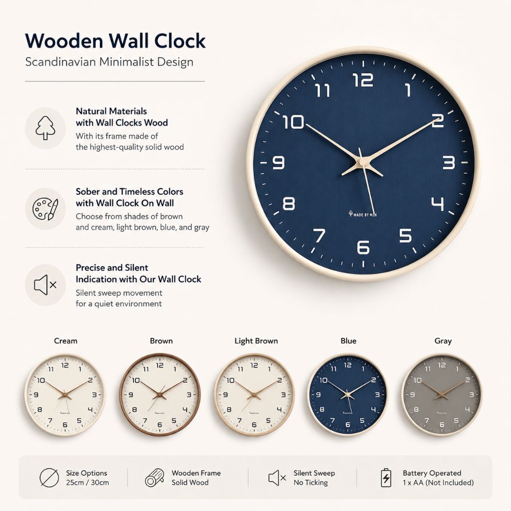 Round wall clock highlighting its clean analog face.