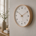 Wooden wall clock with silent quartz movement.