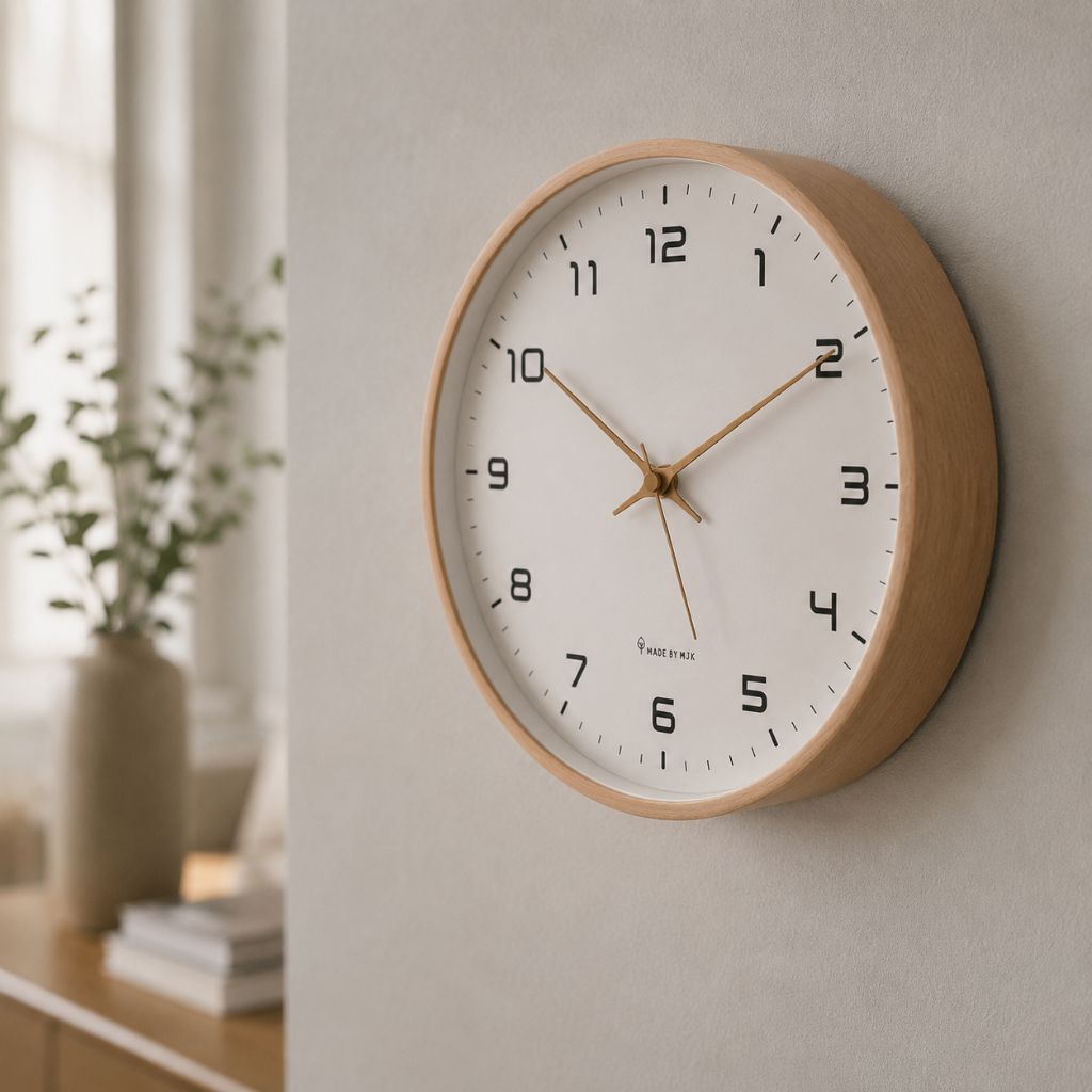 Wooden wall clock with silent quartz movement.