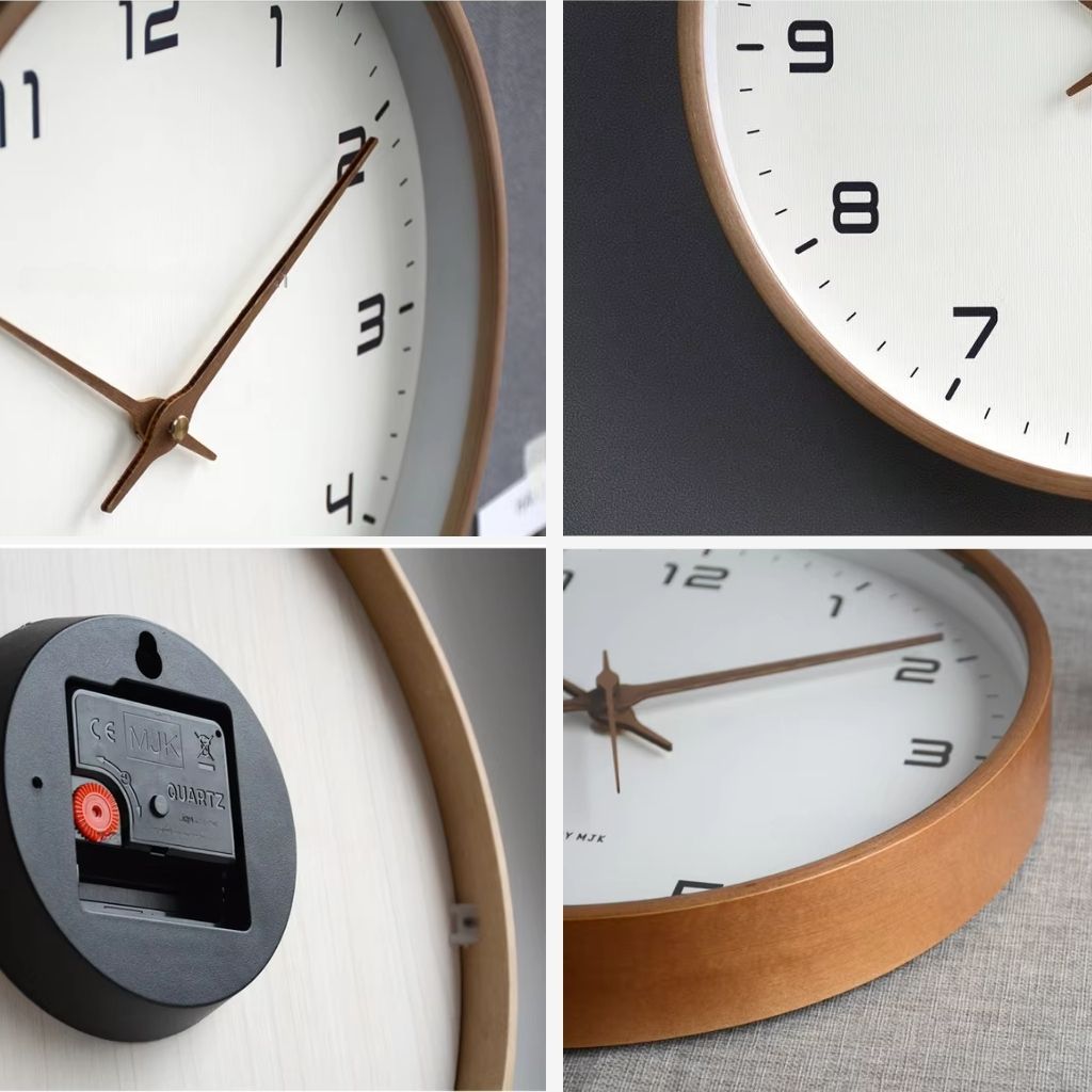 Close-up of the wall clock frame, hands and glass lens.