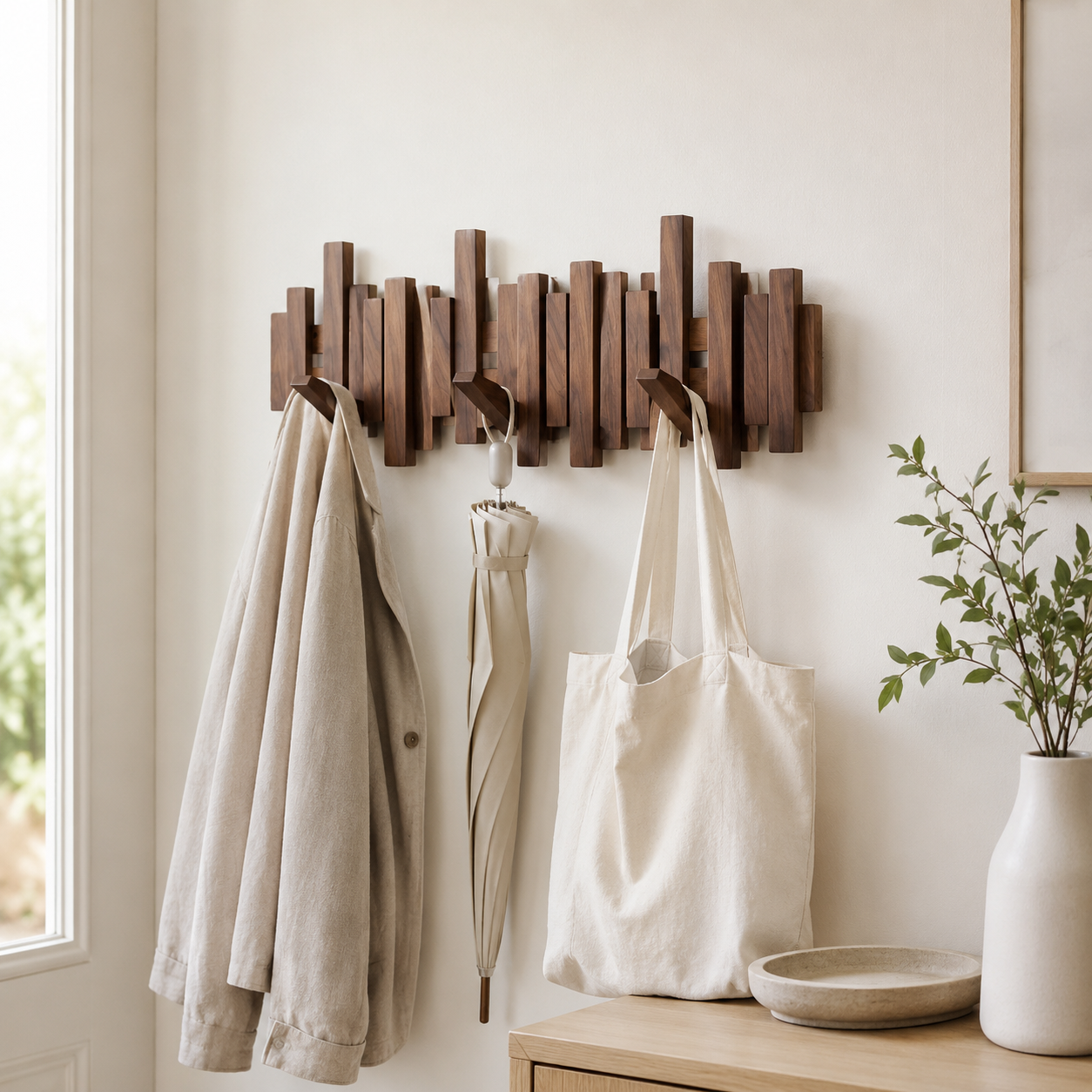 Walnut wall coat rack with folding piano key hooks holds a bag, umbrella, and light jacket.