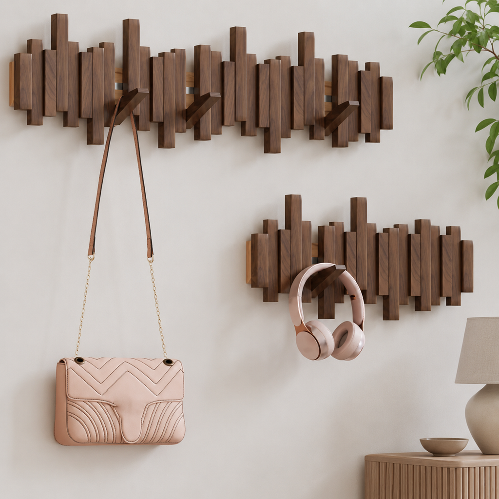 Three walnut wall coat racks display a handbag and headphones against a bright wall.