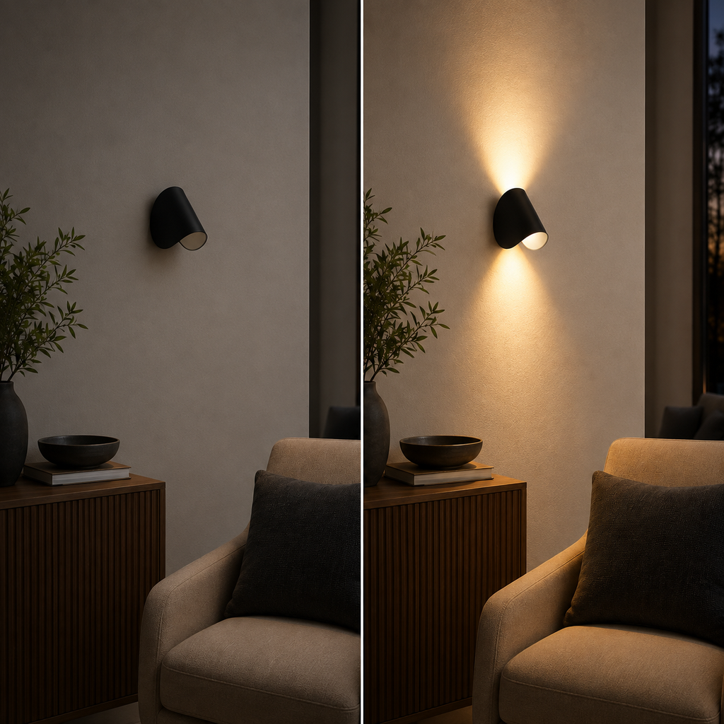 Wall lamp shown off and on in a side-by-side living room comparison.