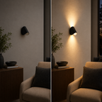 Wall lamp shown off and on in a side-by-side living room comparison.