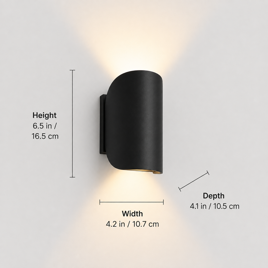 Wall sconce dimensions graphic showing the fixture from the front and side with measurement lines.
