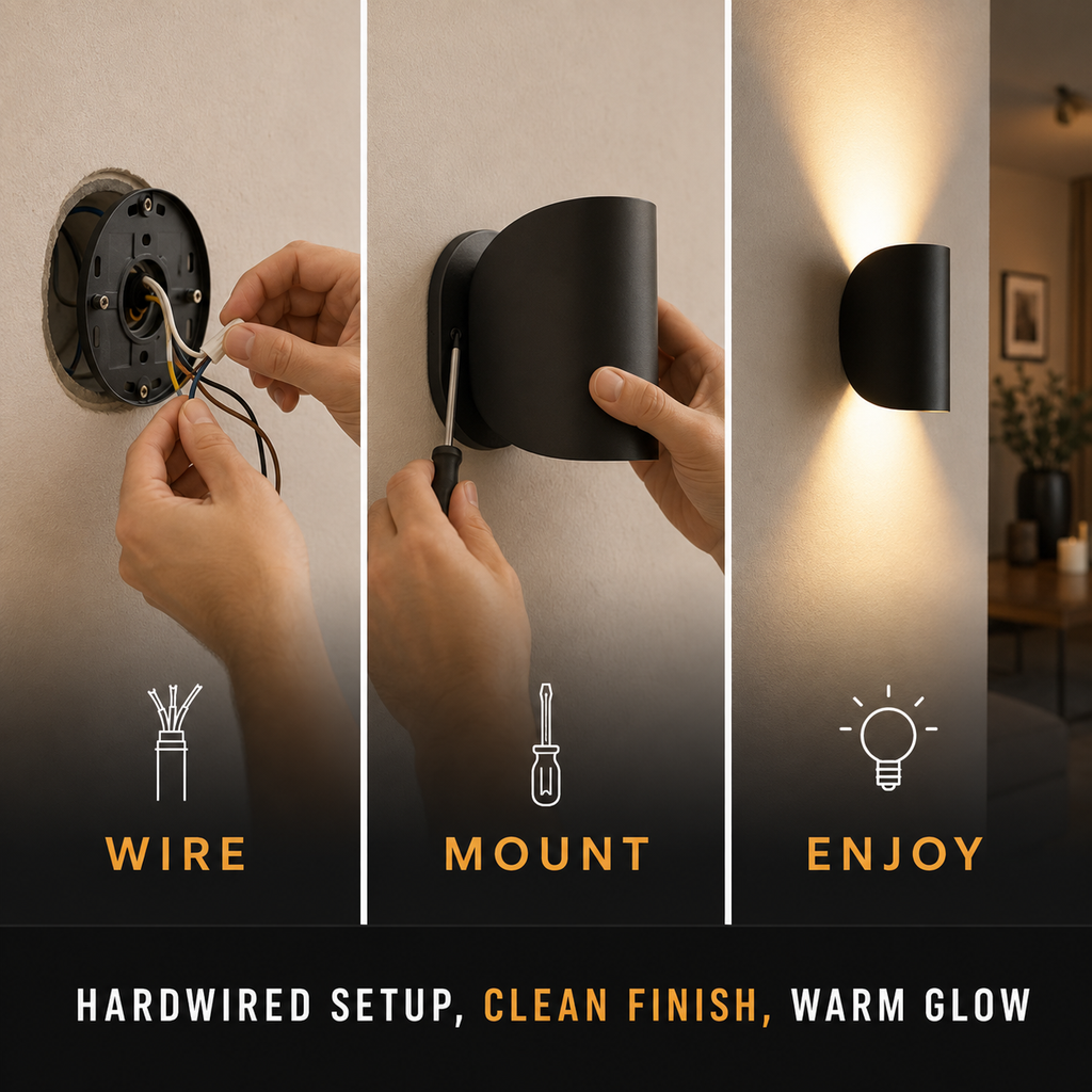Three-panel wall sconce installation graphic showing wiring, mounting, and the finished light.
