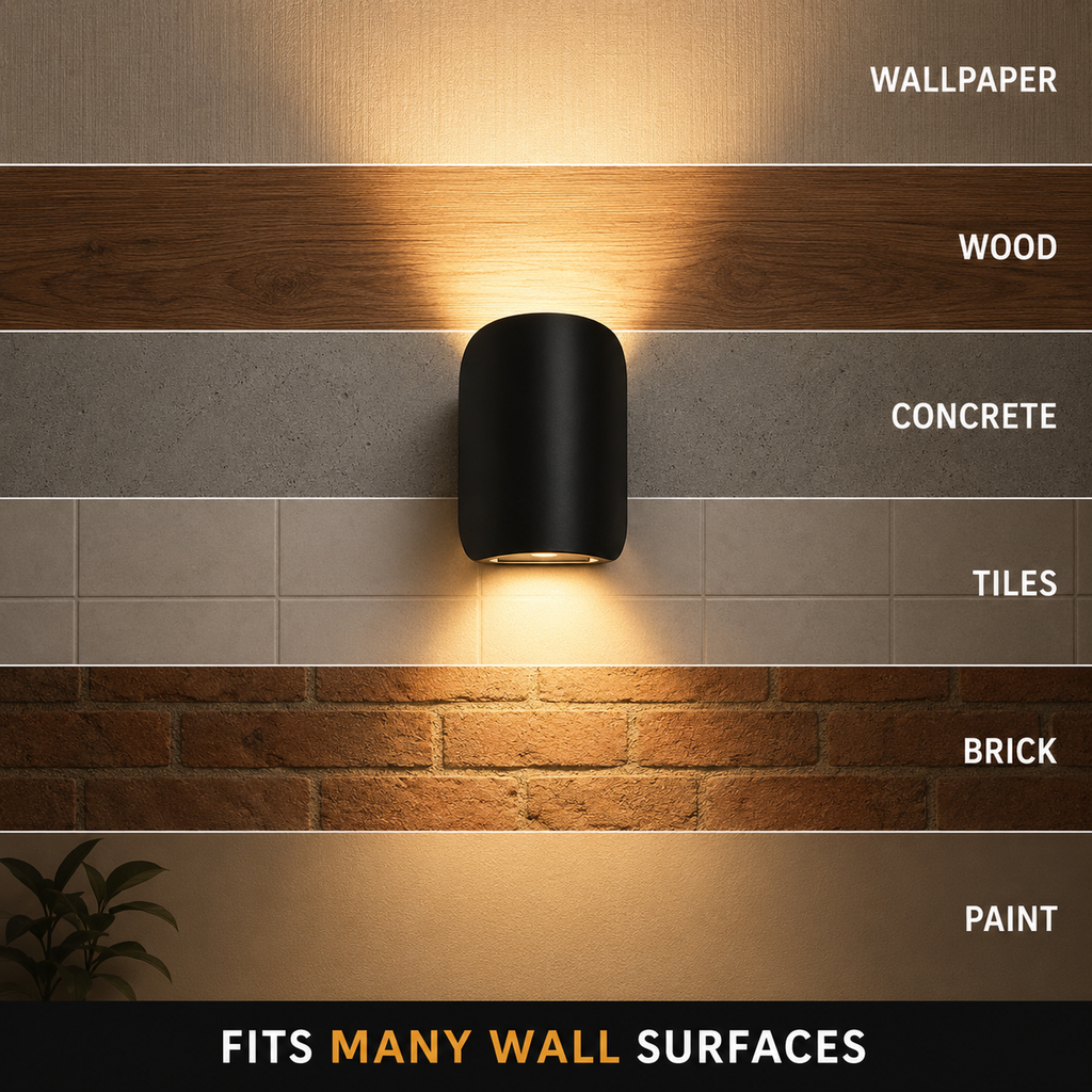 Black wall sconce shown lit against several wall finishes in a surface compatibility graphic.