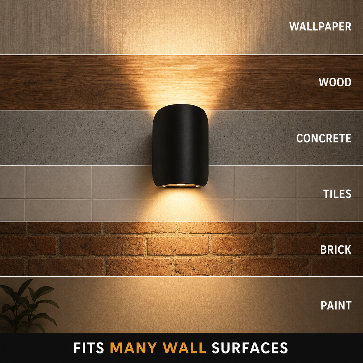 Black wall sconce shown lit against several wall finishes in a surface compatibility graphic.