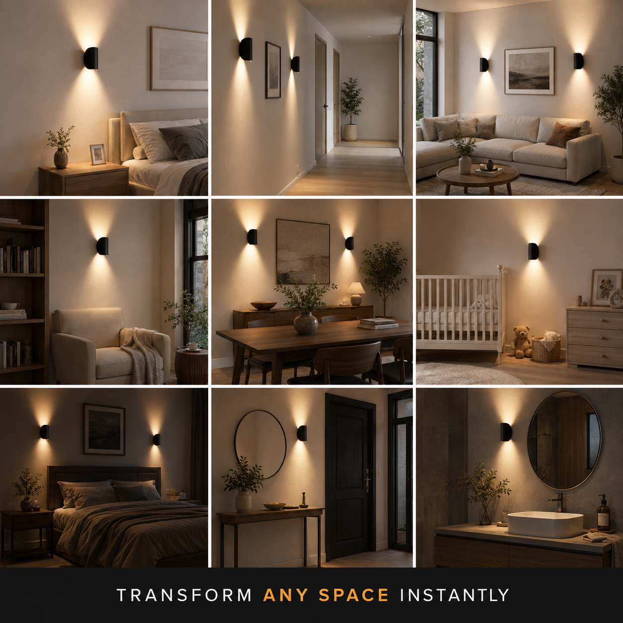 Wall sconce room grid showing the light installed in multiple indoor spaces.