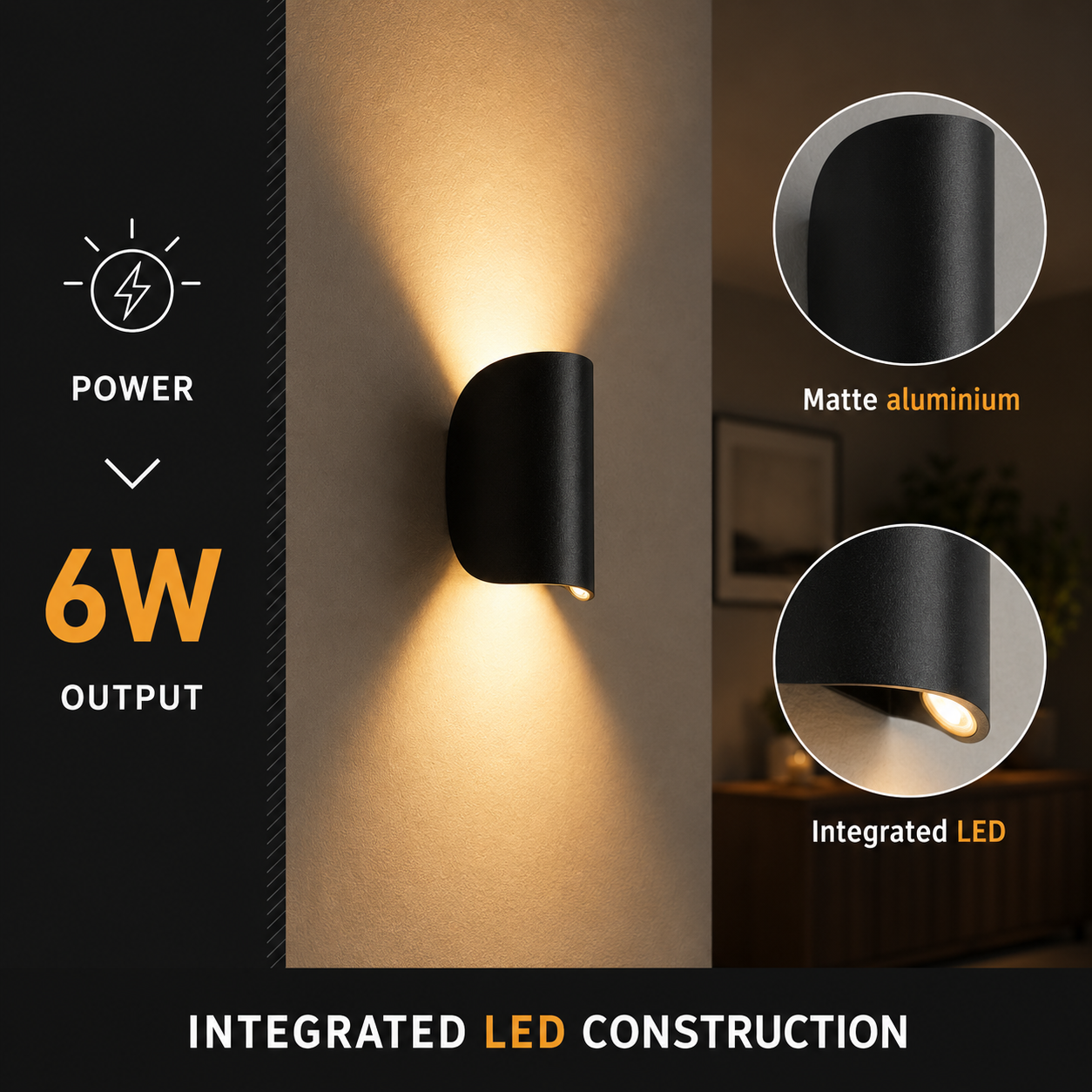 Wall sconce technical graphic showing warm up-and-down light, 6W output, and close-up details.