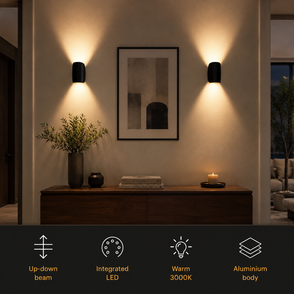 Two lit wall sconce fixtures above a console table with a row of feature icons below.