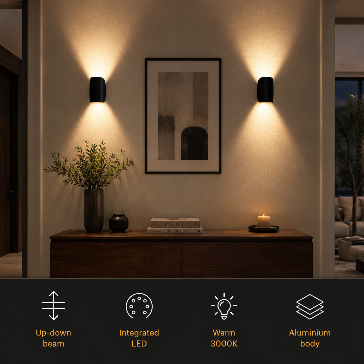 Two lit wall sconce fixtures above a console table with a row of feature icons below.