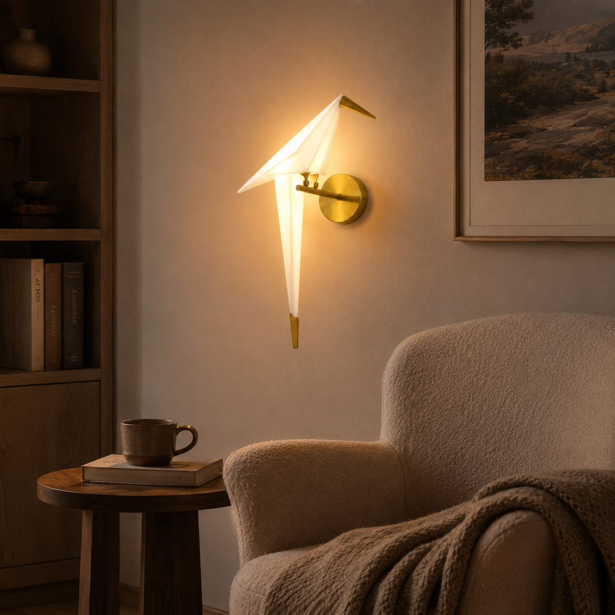 Origami bird LED wall lamp glowing warm white beside a cozy reading chair with a side table, books, and mug.